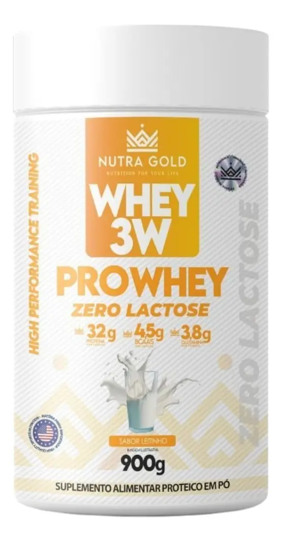 Whey Protein NutraGold 3W 900g sabor leitinho Zero Lactose pó BCAA glutamina